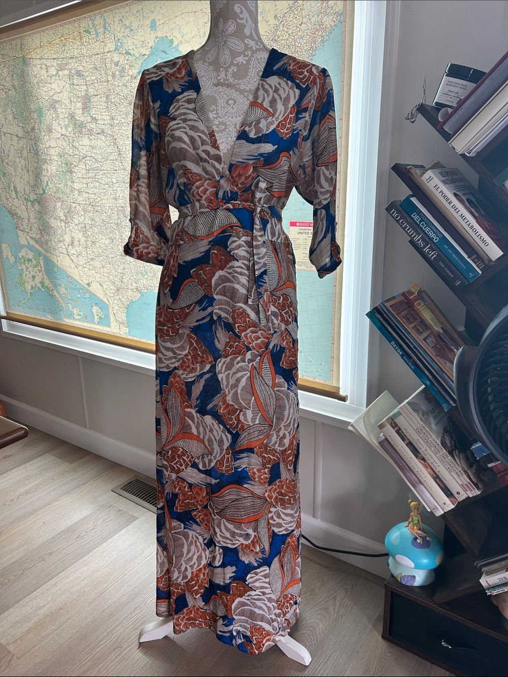 Bohemian Floral Wrap Maxi Dress in Blue and Rust